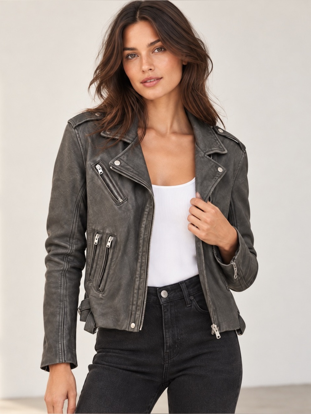 IRO Han Grey Lamb Leather Moto Biker Jacket FR 38 US 6
